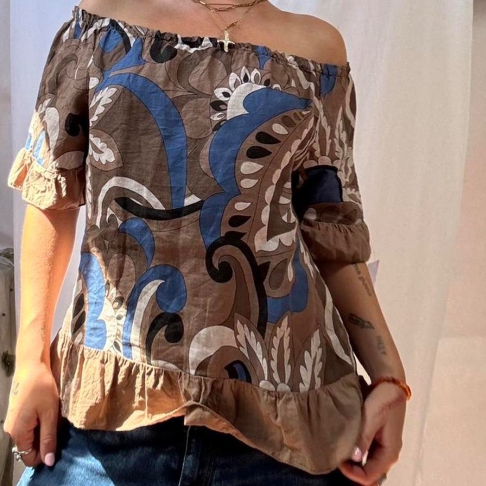 Terzo Millennio 100% Linen Brown & Blue Abstract Short Sleeve Tunic Blouse S